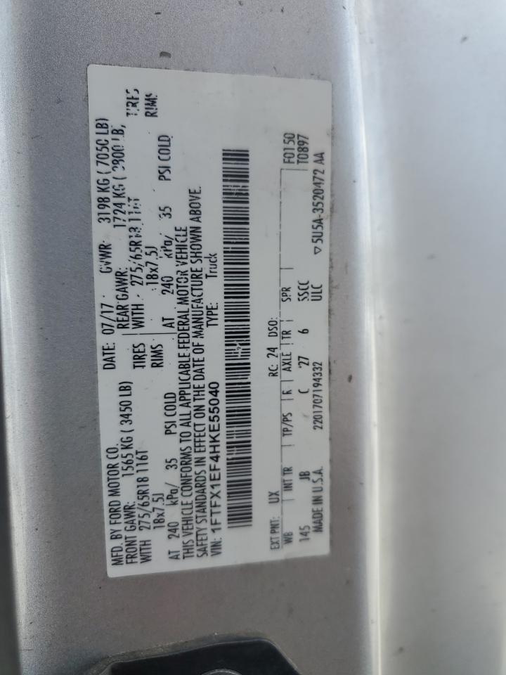 2017 Ford F150 Super Cab VIN: 1FTFX1EF4HKE55040 Lot: 85729565