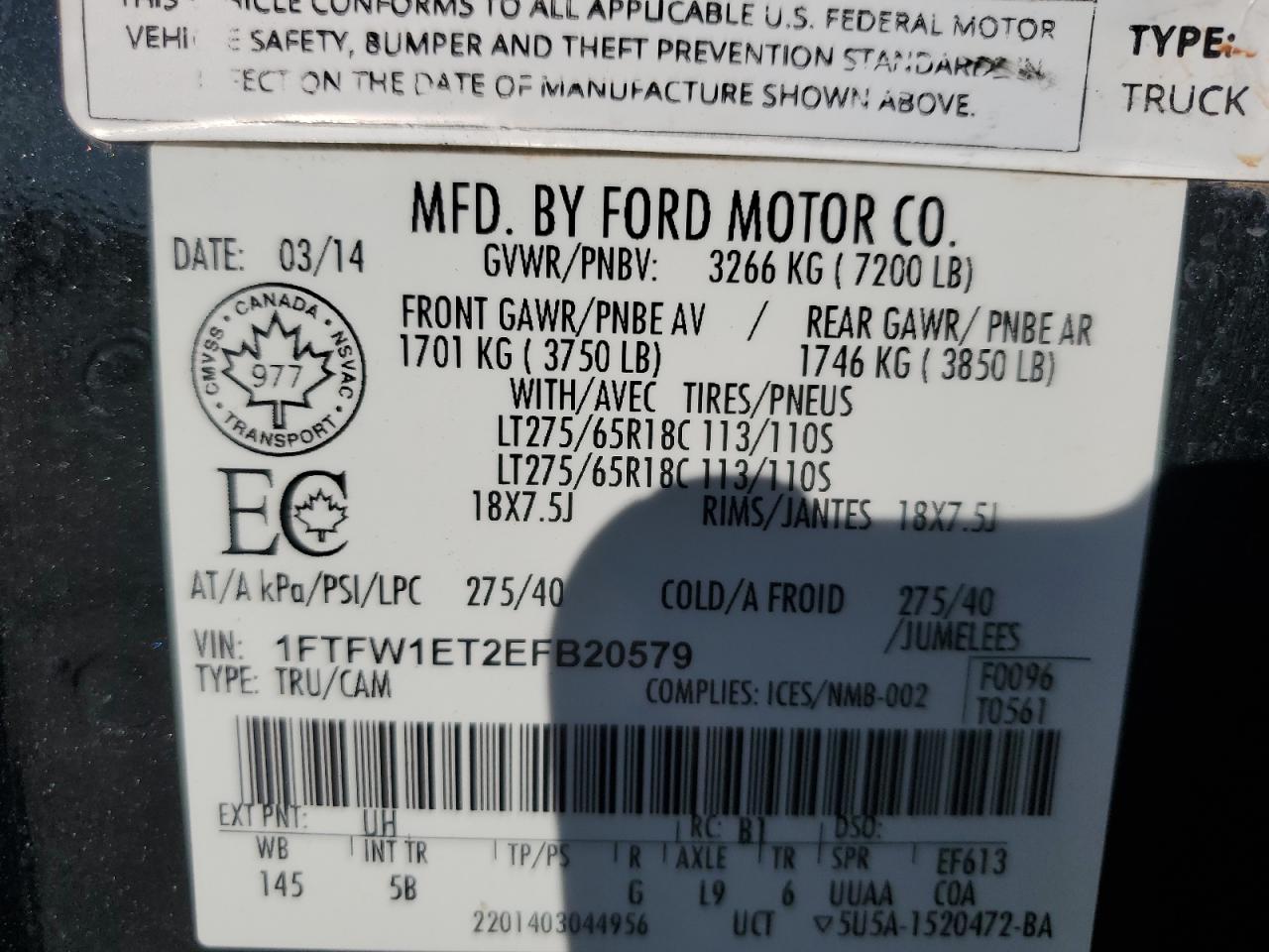 2014 Ford F150 Supercrew VIN: 1FTFW1ET2EFB20579 Lot: 82574035