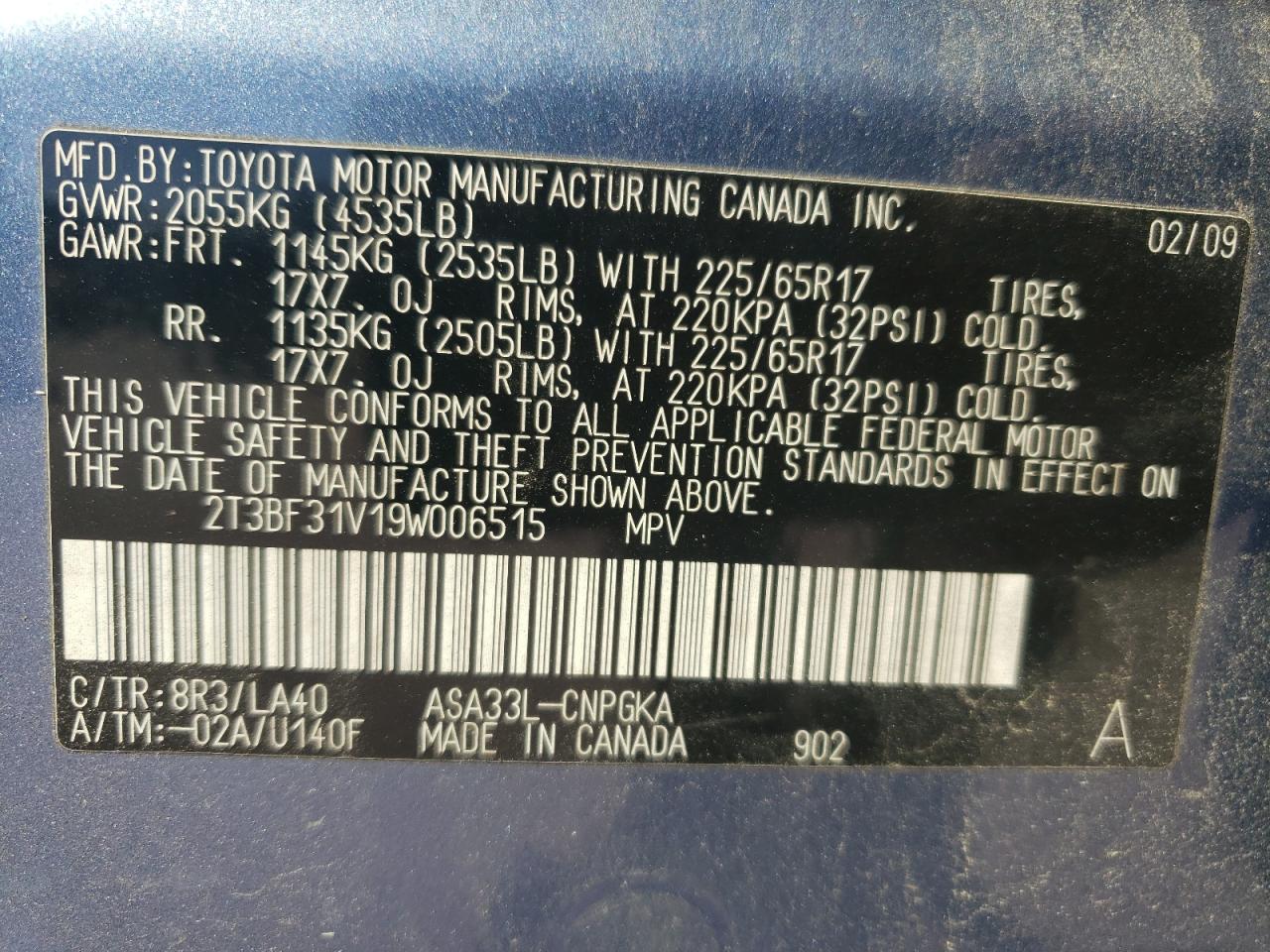 2009 Toyota Rav4 Limited VIN: 2T3BF31V19W006515 Lot: 82550065