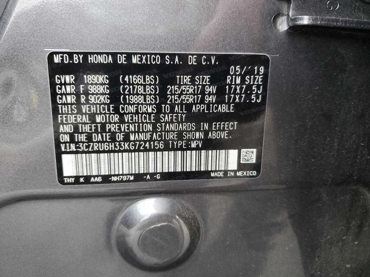 2019 Honda Hr-V Lx VIN: 3CZRU6H33KG724156 Lot: 90424445