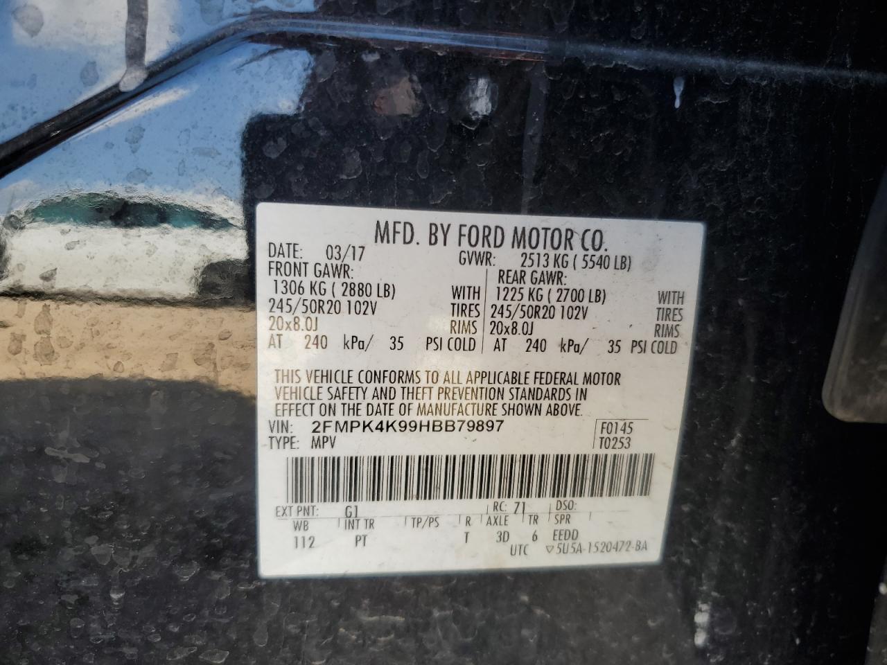 2017 Ford Edge Titanium VIN: 2FMPK4K99HBB79897 Lot: 90101075