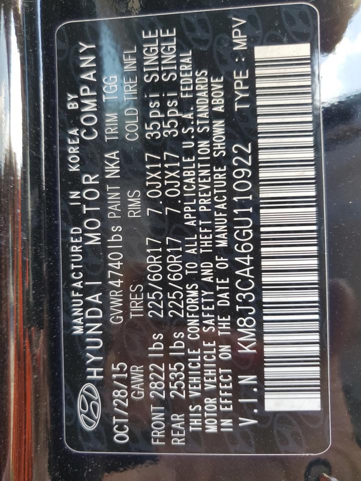 2016 Hyundai Tucson Limited VIN: KM8J3CA46GU110922 Lot: 85344705