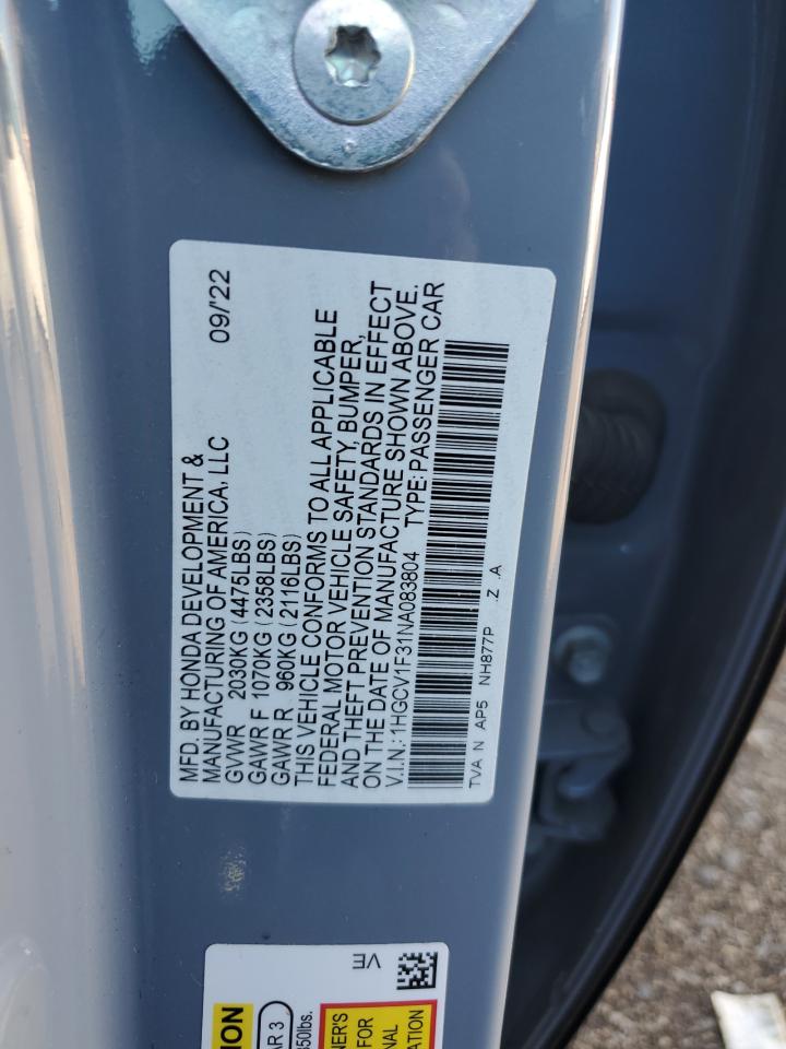 2022 Honda Accord Sport VIN: 1HGCV1F31NA083804 Lot: 85530435