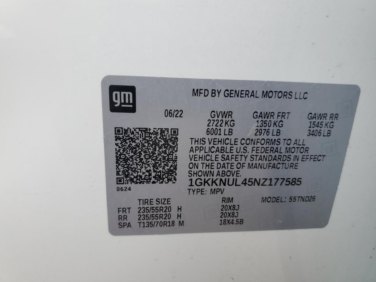 2022 GMC Acadia Slt VIN: 1GKKNUL45NZ177585 Lot: 86445905