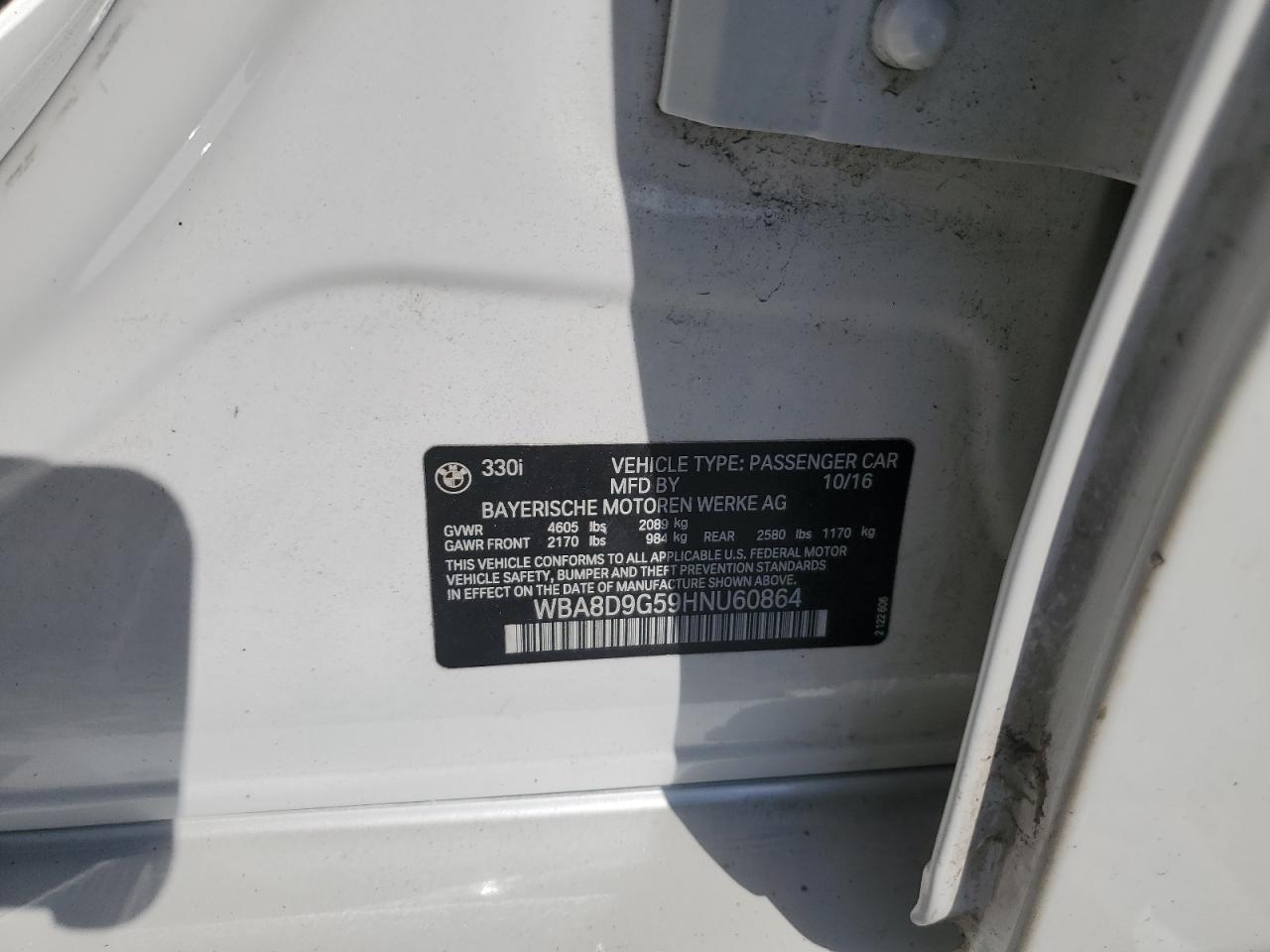 2017 BMW 330 Xi VIN: WBA8D9G59HNU60864 Lot: 84627665