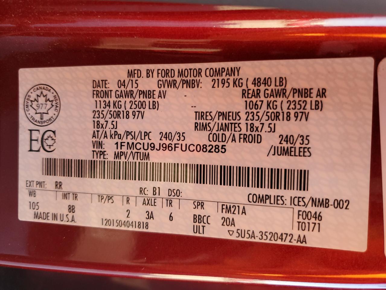 2015 Ford Escape Titanium VIN: 1FMCU9J96FUC08285 Lot: 82217835