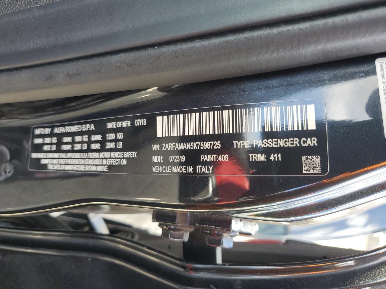 2019 Alfa Romeo Giulia VIN: ZARFAMAN5K7598725 Lot: 82174675