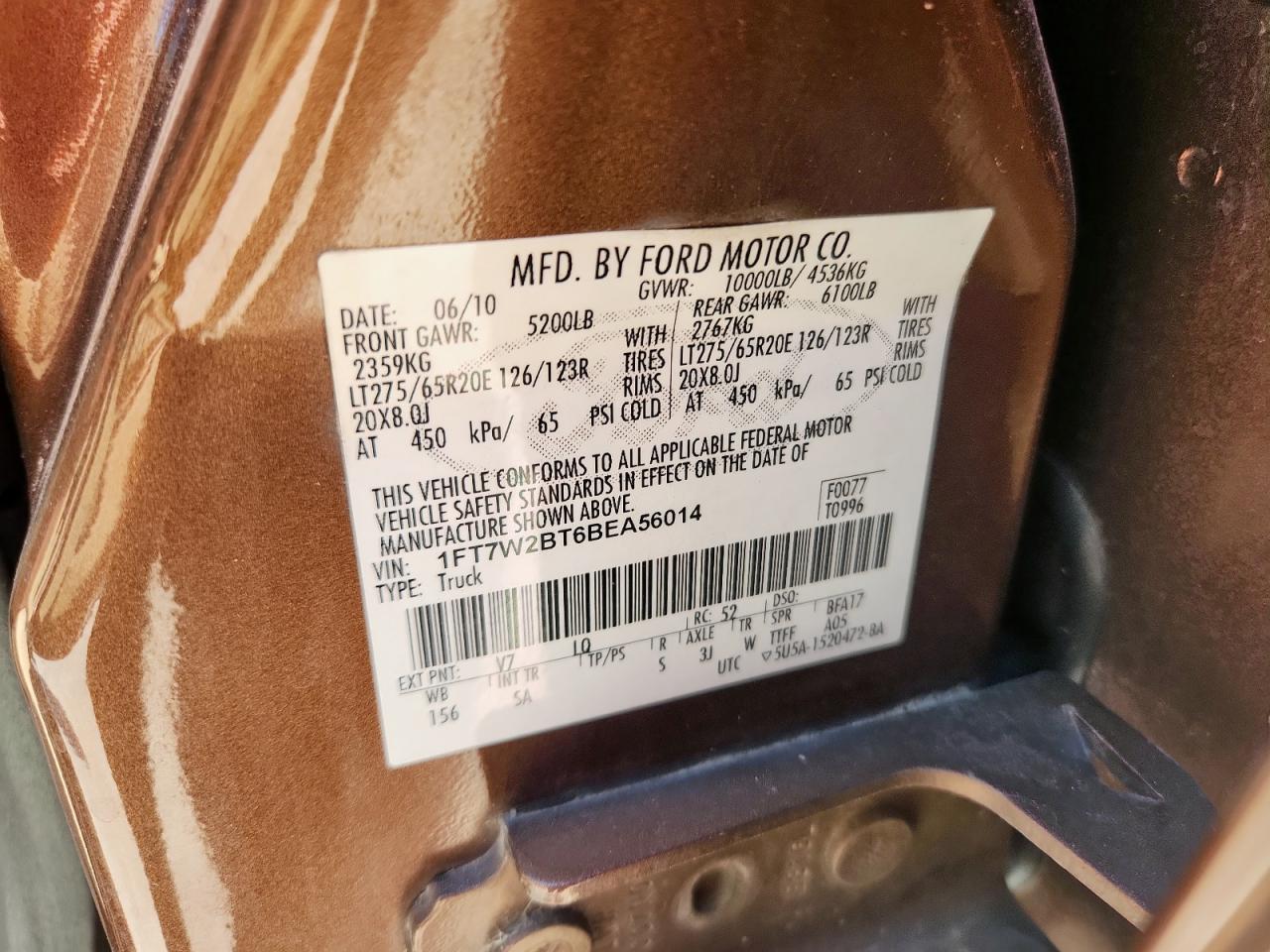 2011 Ford F250 Super Duty VIN: 1FT7W2BT6BEA56014 Lot: 85411125