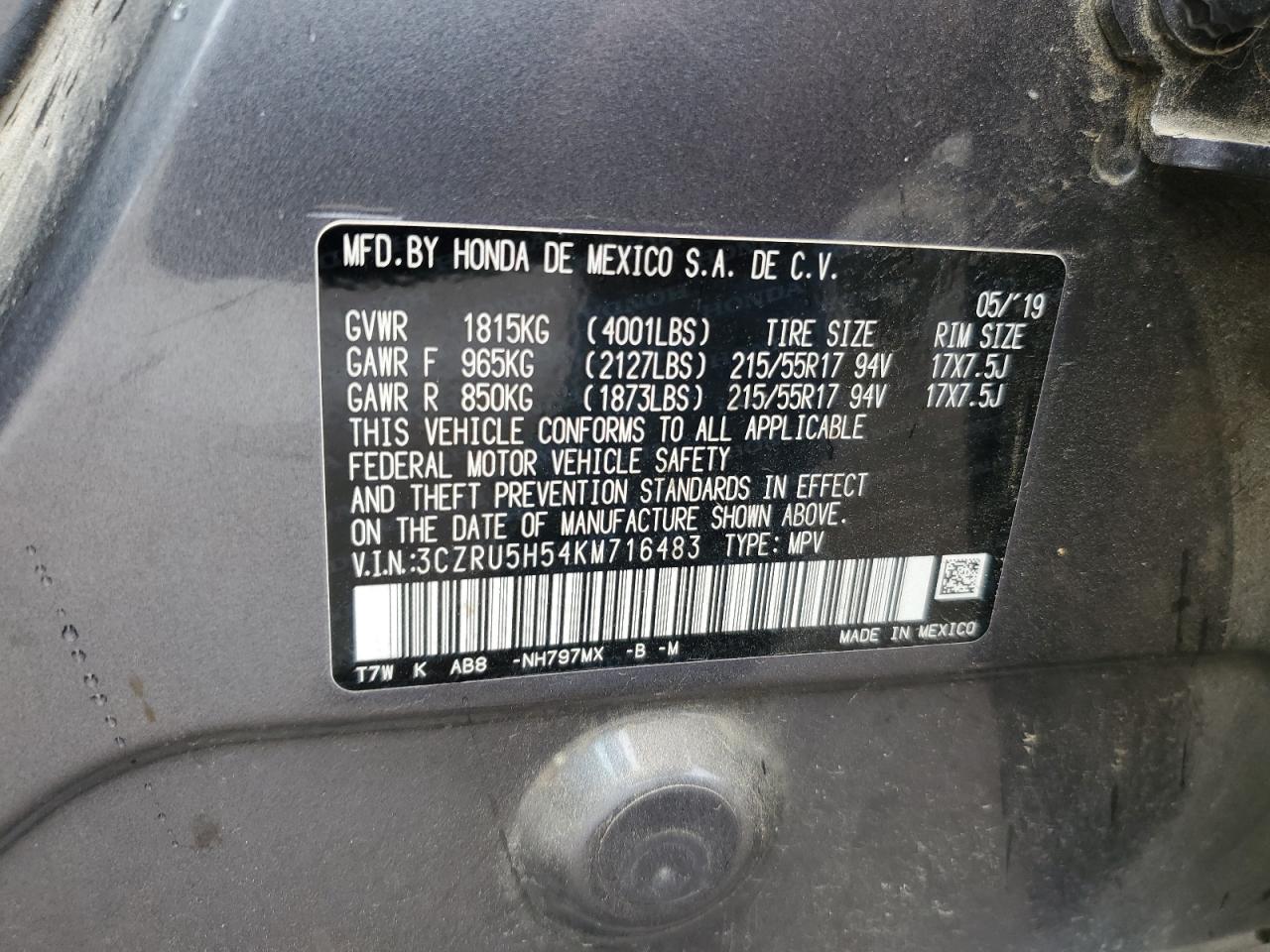 2019 Honda Hr-V Ex VIN: 3CZRU5H54KM716483 Lot: 82240075