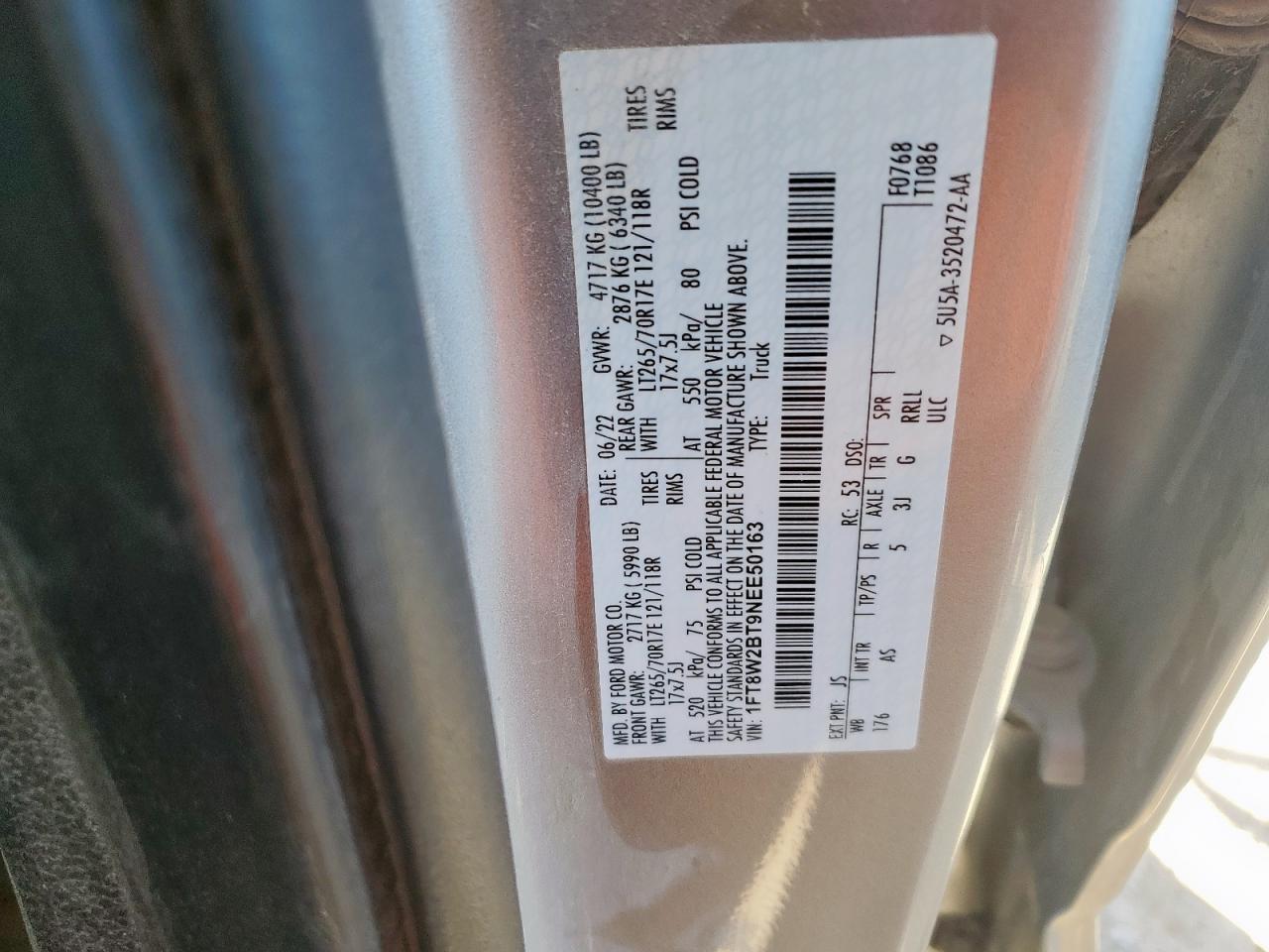 2022 Ford F250 Super Duty VIN: 1FT8W2BT9NEE50163 Lot: 90896565