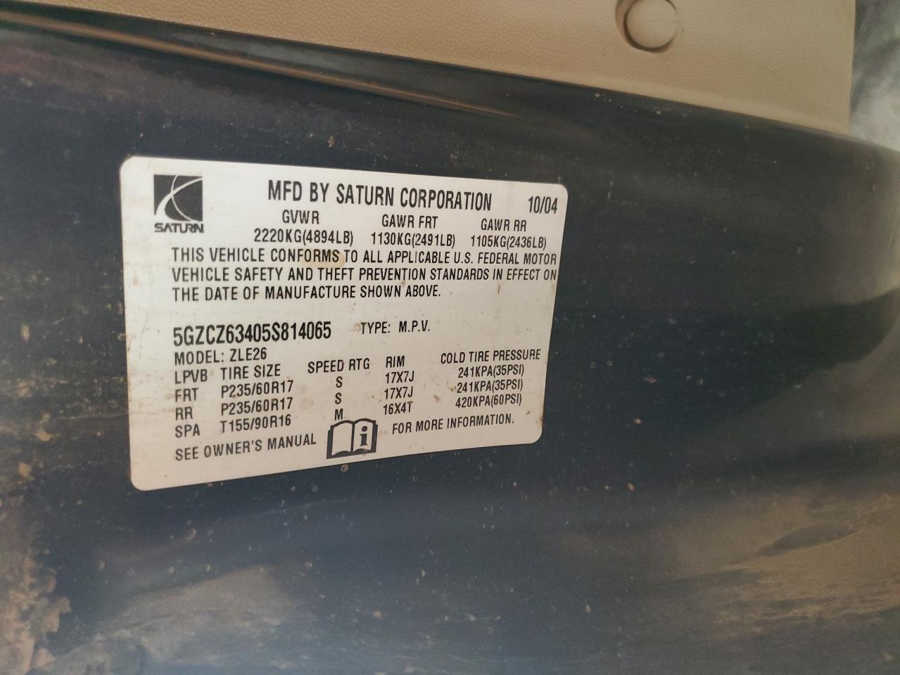 2005 Saturn Vue VIN: 5GZCZ63405S814065 Lot: 85830975