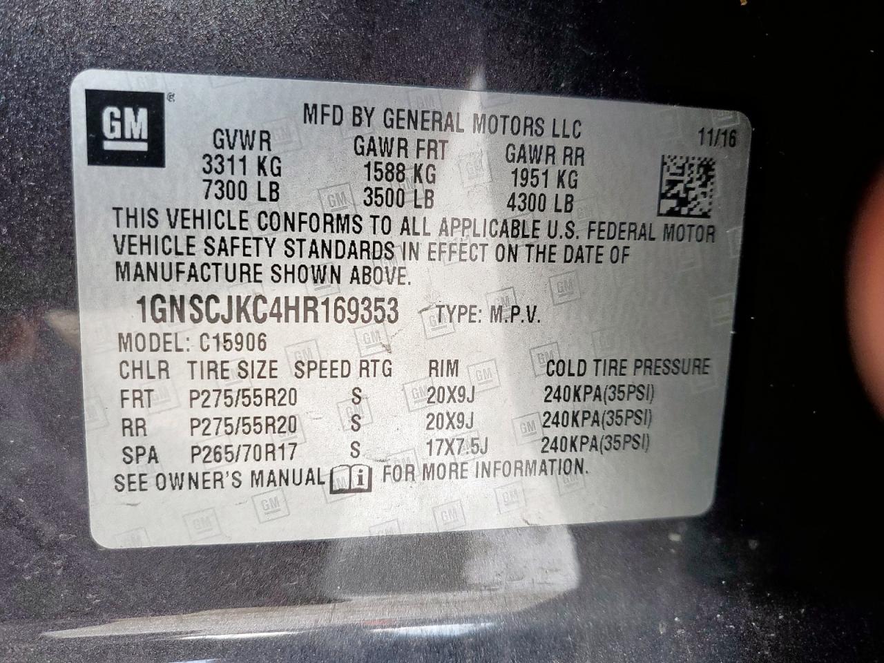 2017 Chevrolet Suburban C1500 Premier VIN: 1GNSCJKC4HR169353 Lot: 82286535