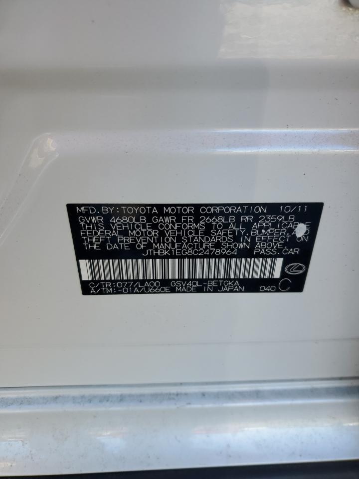 2012 Lexus Es 350 VIN: JTHBK1EG8C2478964 Lot: 82355365