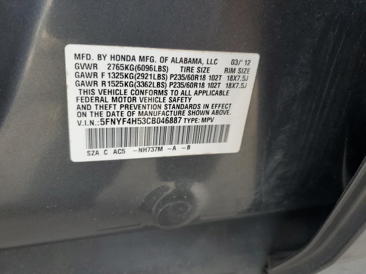 2012 Honda Pilot Exl VIN: 5FNYF4H53CB046887 Lot: 84793465