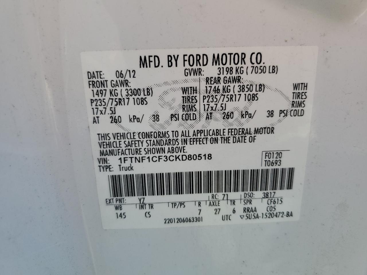 2012 Ford F150 VIN: 1FTNF1CF3CKD80518 Lot: 84805265