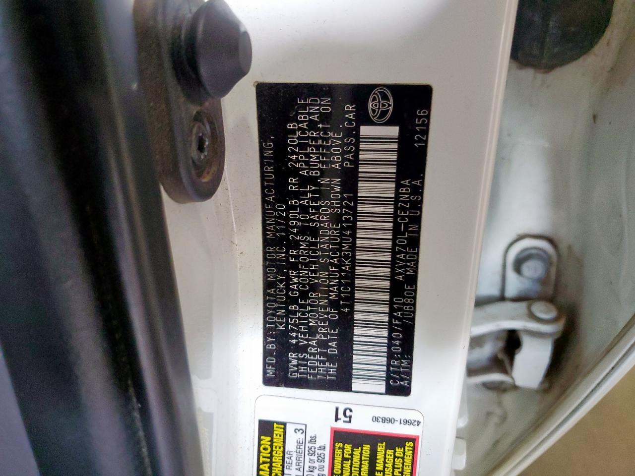 2021 Toyota Camry Le VIN: 4T1C11AK3MU413721 Lot: 82224195