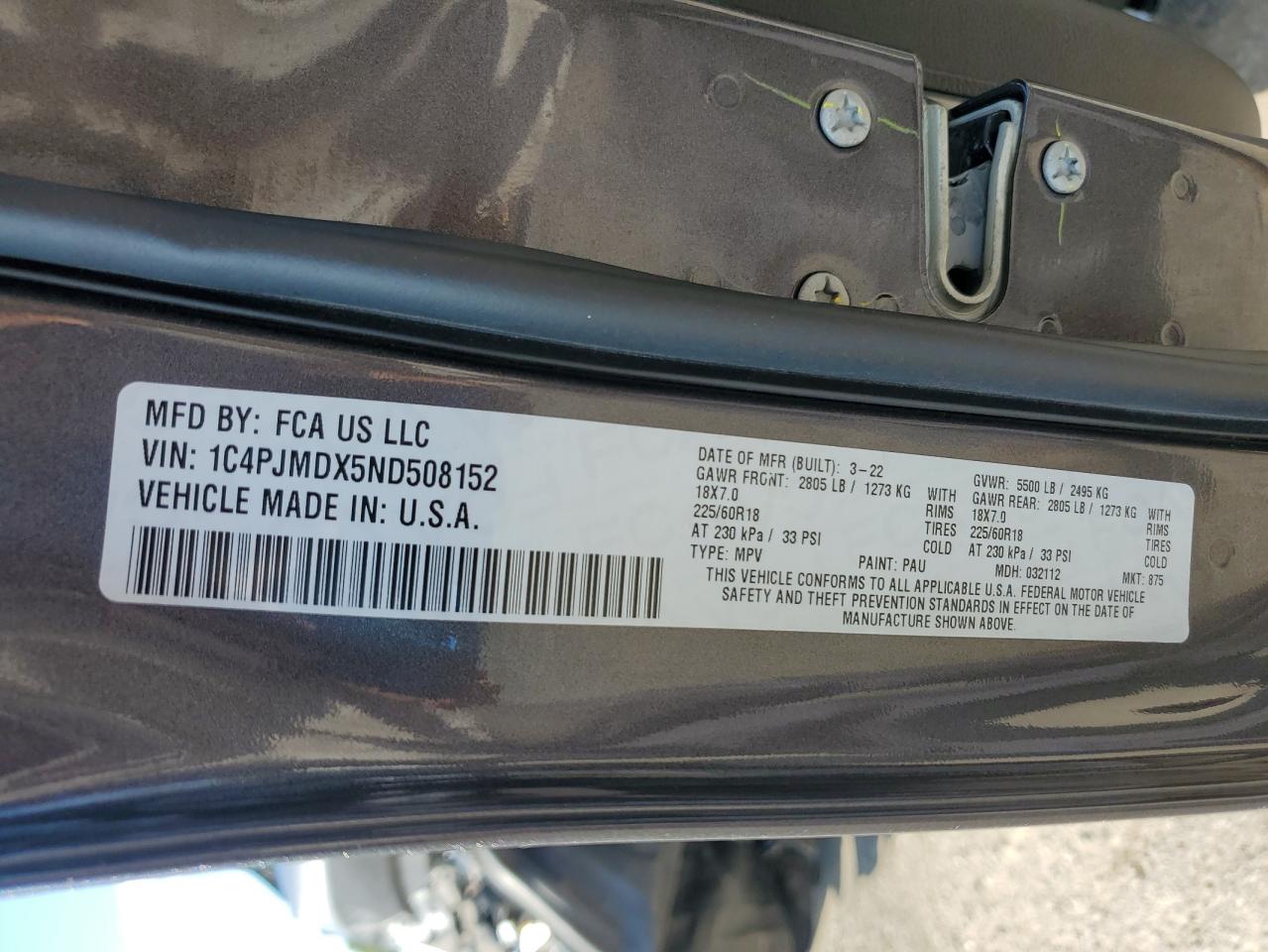 2022 Jeep Cherokee Limited VIN: 1C4PJMDX5ND508152 Lot: 89884195