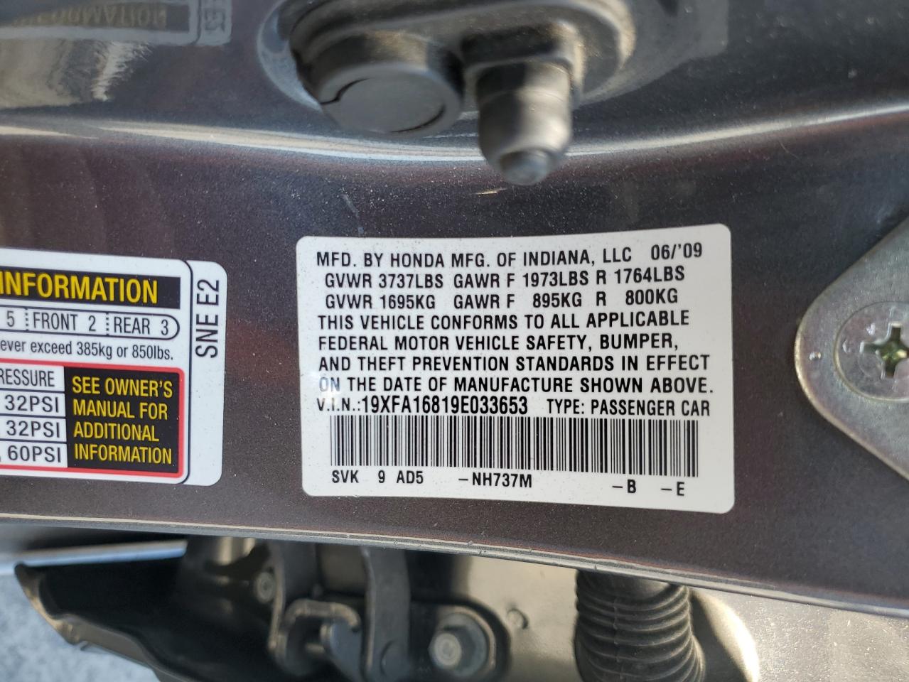 2009 Honda Civic Ex VIN: 19XFA16819E033653 Lot: 84988725