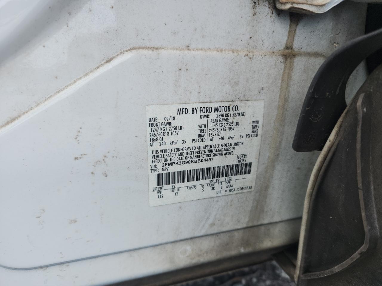 2019 Ford Edge Se VIN: 2FMPK3G90KBB04497 Lot: 82221435