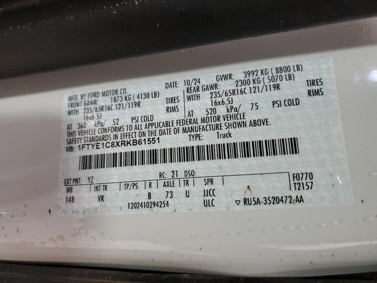 2024 Ford Transit 150 Delivery Van VIN: 1FTYE1C8XRKB61551 Lot: 90447775