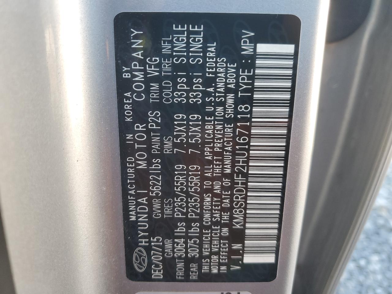 2017 Hyundai Santa Fe Se Ultimate VIN: KM8SRDHF2HU167118 Lot: 86066325