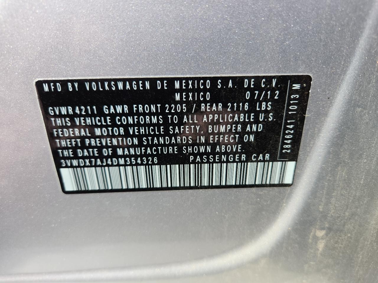 2013 Volkswagen Jetta Se VIN: 3VWDX7AJ4DM354326 Lot: 84911935