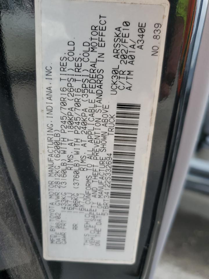 2002 Toyota Tundra Access Cab VIN: 5TBRT34122S332694 Lot: 85696935