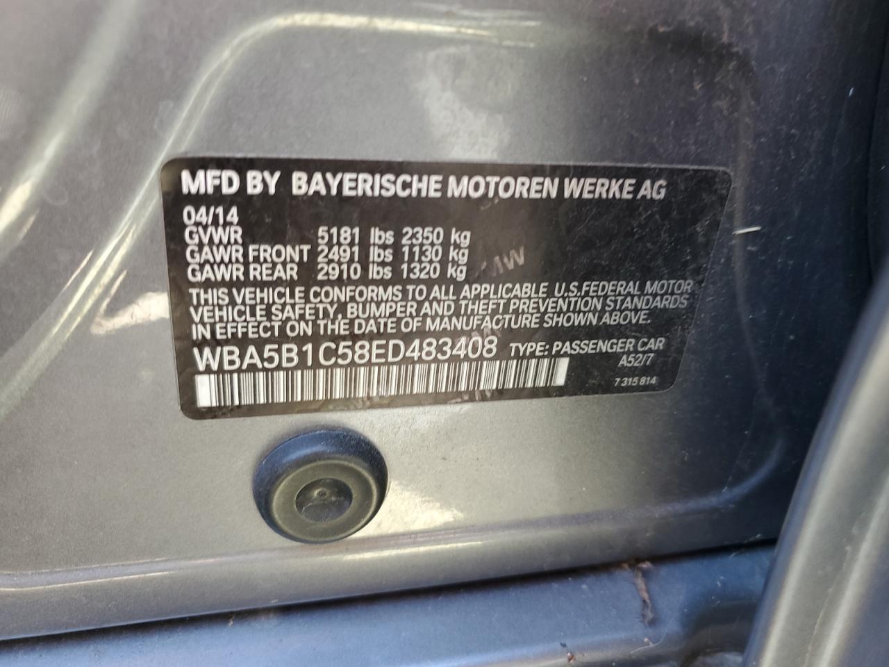 2014 BMW 535 I VIN: WBA5B1C58ED483408 Lot: 85144295