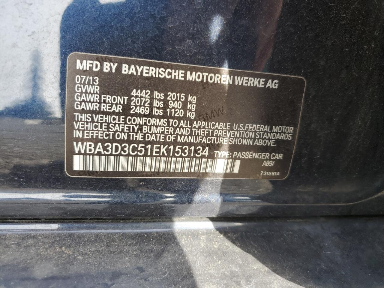 2014 BMW 328 D VIN: WBA3D3C51EK153134 Lot: 85178195
