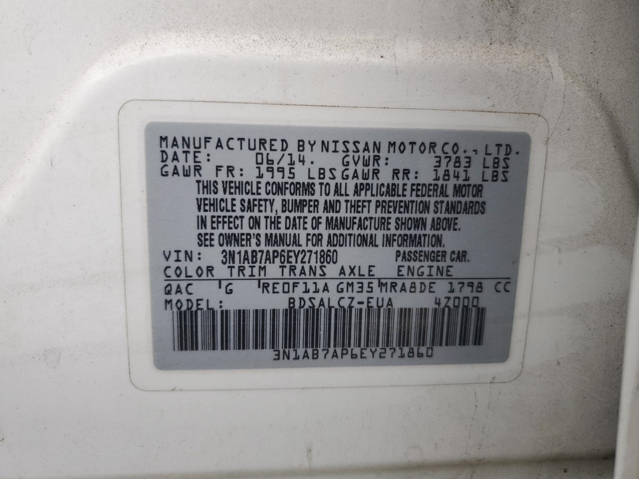 2014 Nissan Sentra S VIN: 3N1AB7AP6EY271860 Lot: 82357745