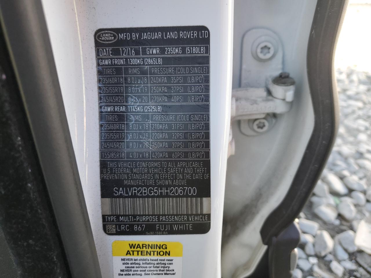 2017 Land Rover Range Rover Evoque Hse VIN: SALVR2BG5HH206700 Lot: 85198635