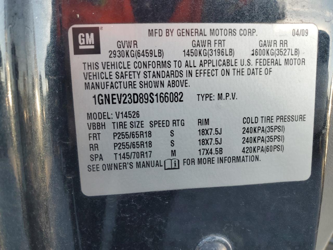 2009 Chevrolet Traverse Lt VIN: 1GNEV23D89S166082 Lot: 84809645