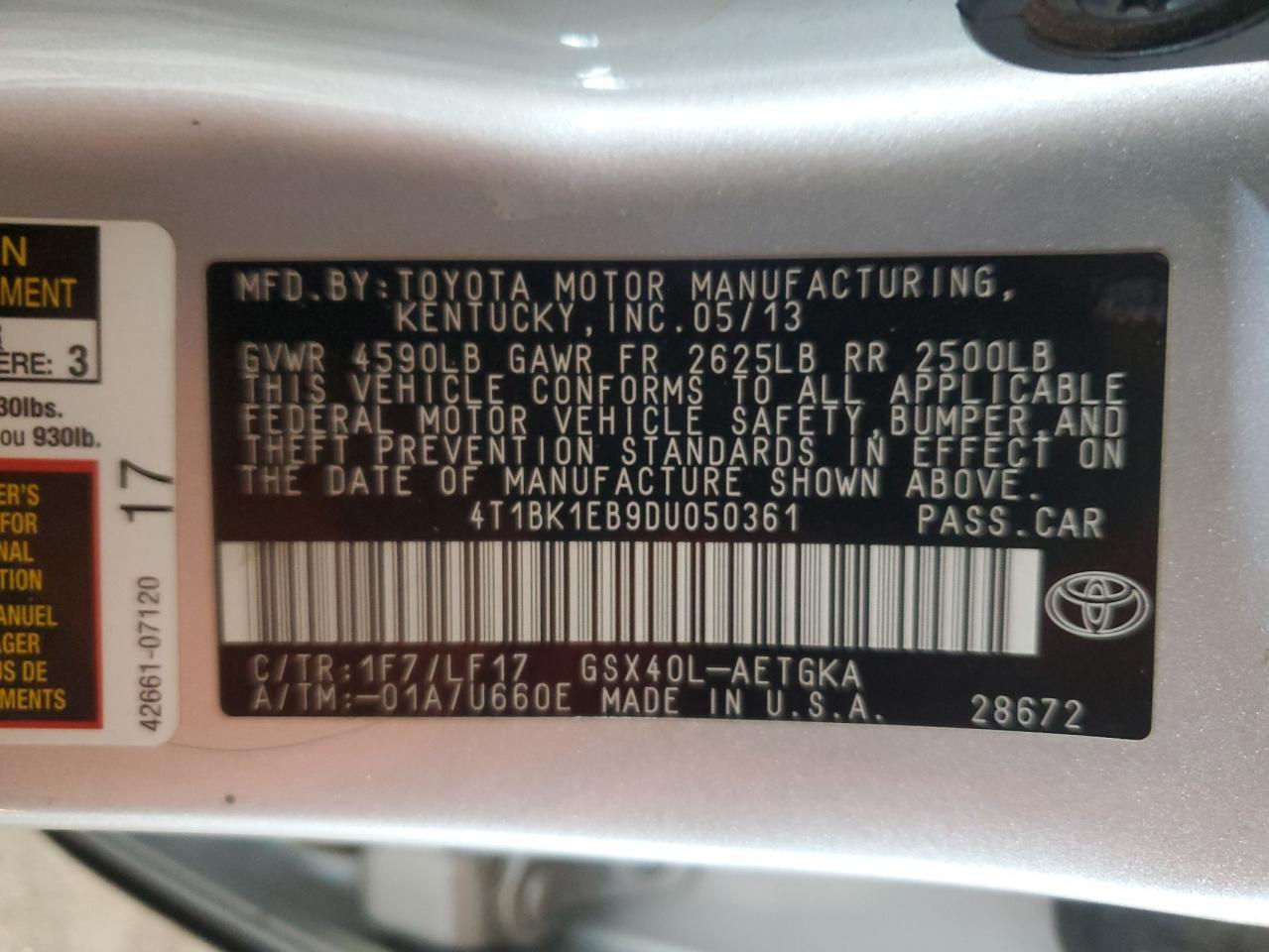 2013 Toyota Avalon Base VIN: 4T1BK1EB9DU050361 Lot: 90532625