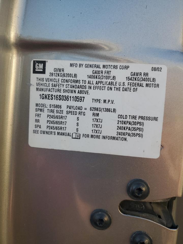 2003 GMC Envoy Xl VIN: 1GKES16S036110597 Lot: 89484515