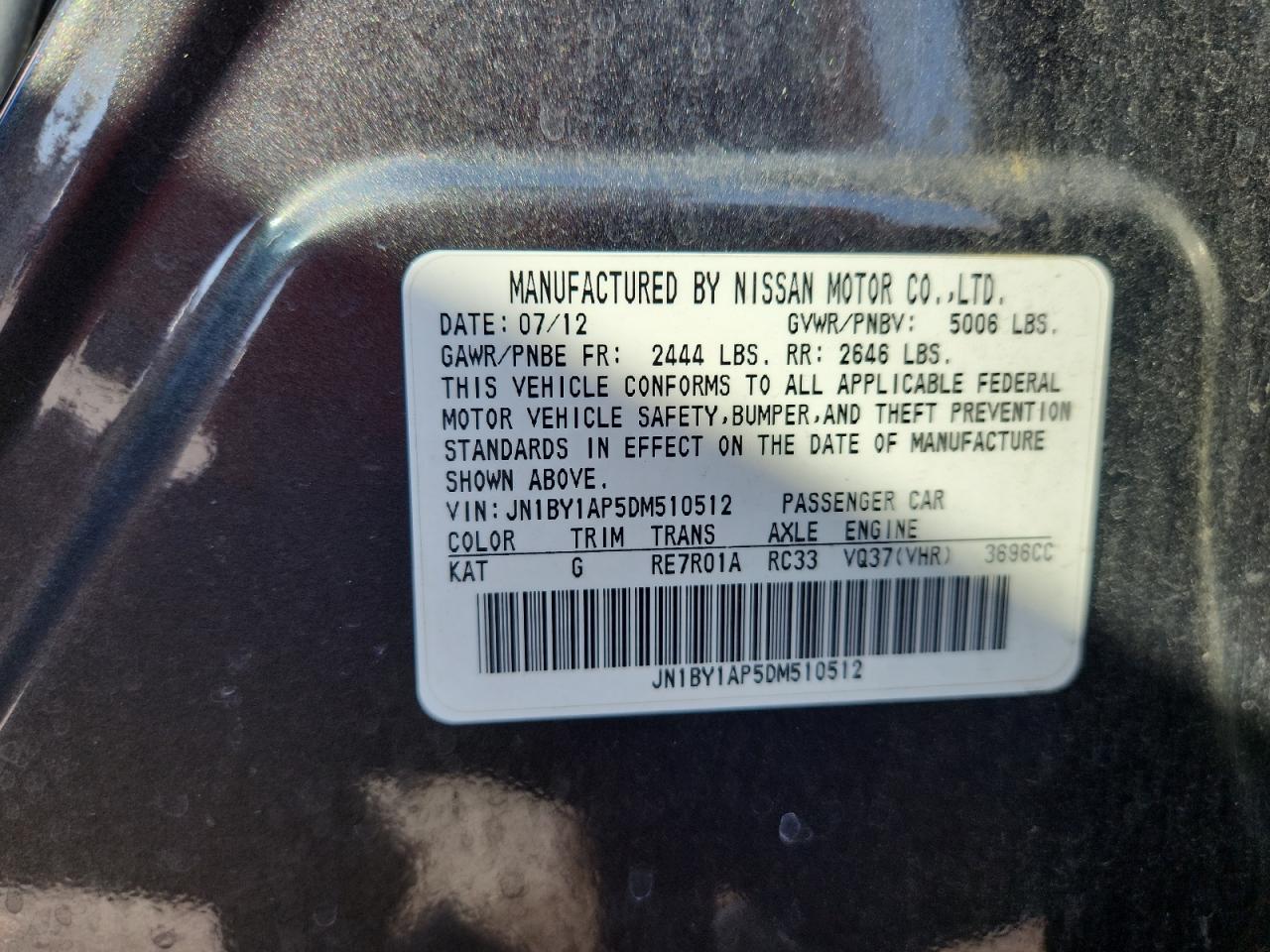 2013 Infiniti M37 VIN: JN1BY1AP5DM510512 Lot: 82677225