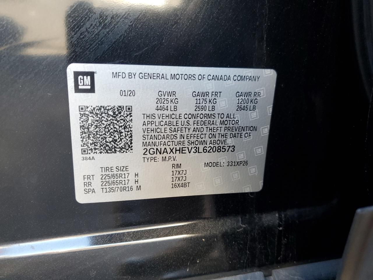 2020 Chevrolet Equinox Ls VIN: 2GNAXHEV3L6208573 Lot: 82284365