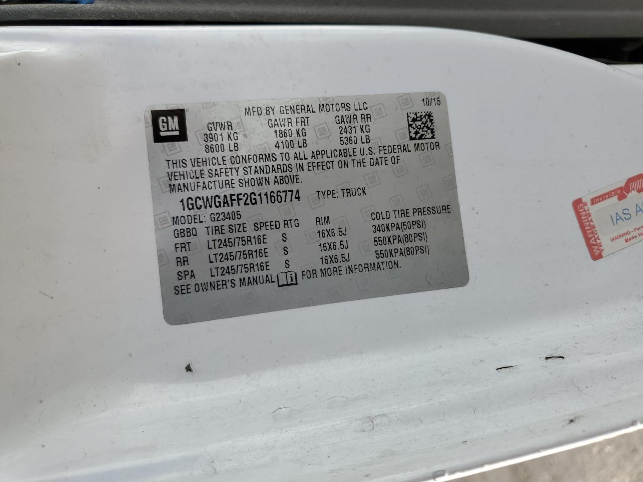 2016 Chevrolet Express G2500 VIN: 1GCWGAFF2G1166774 Lot: 85695385