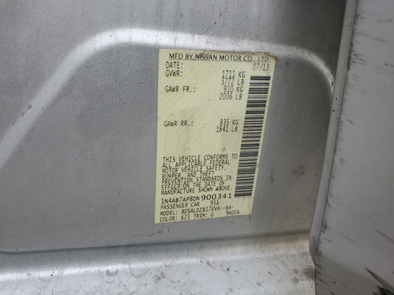 2013 Nissan Sentra S VIN: 1N4AB7AP8DN900341 Lot: 82446305