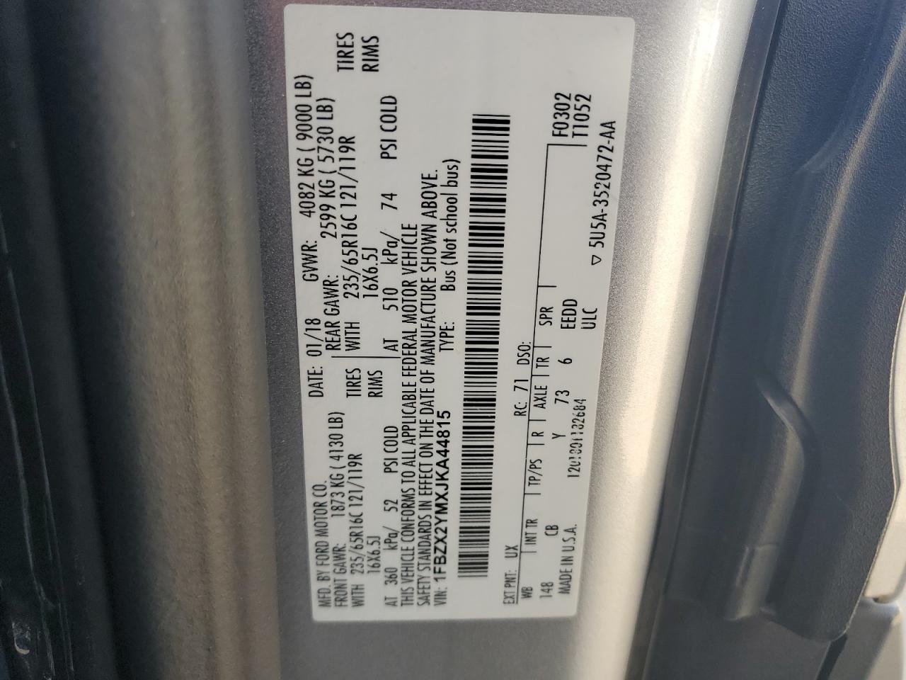 2018 Ford Transit T-350 VIN: 1FBZX2YMXJKA44815 Lot: 85823255