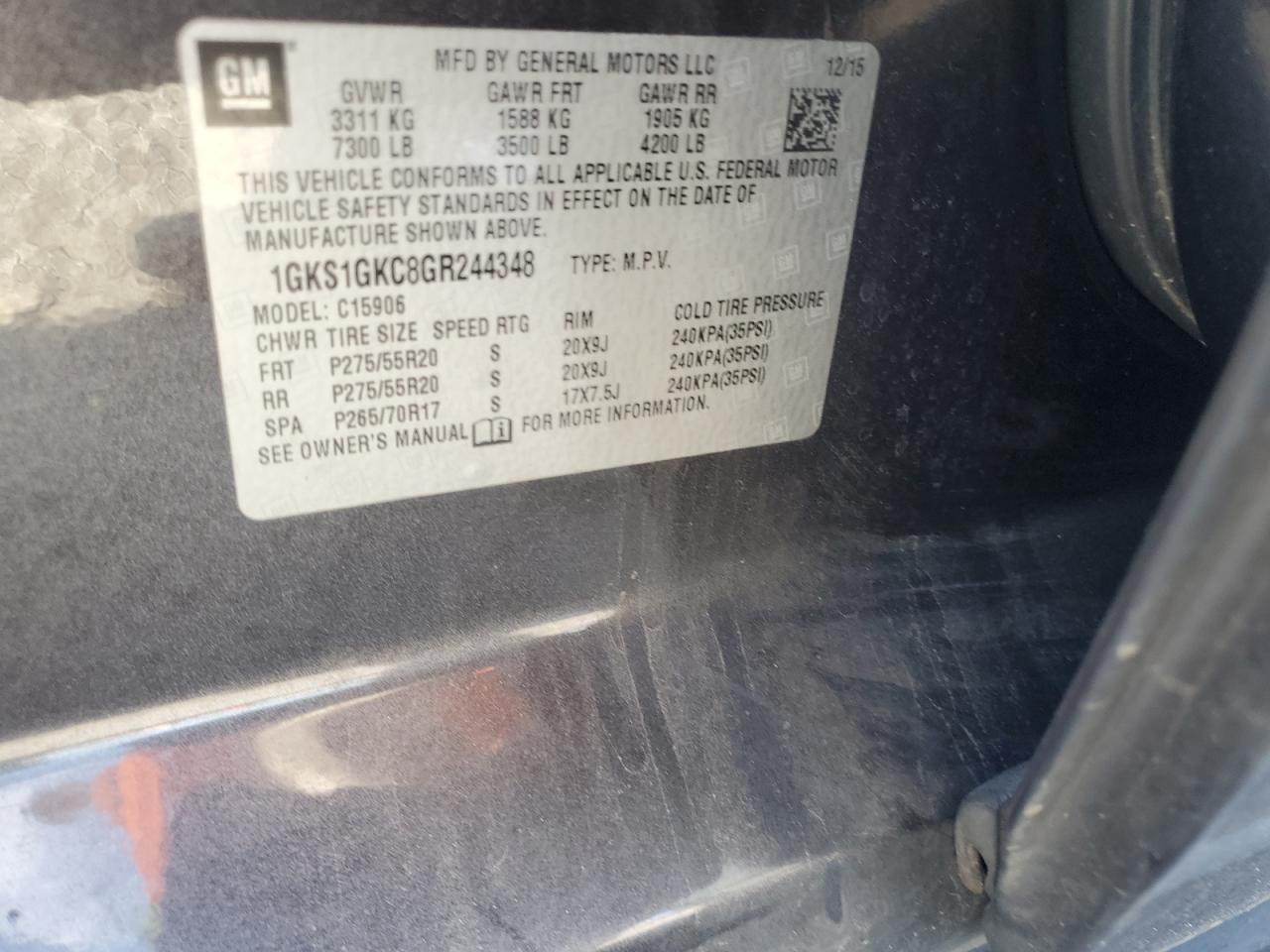 2016 GMC Yukon Xl C1500 Slt VIN: 1GKS1GKC8GR244348 Lot: 87380805