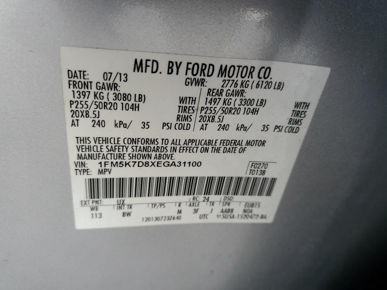 2014 Ford Explorer Xlt VIN: 1FM5K7D8XEGA31100 Lot: 85912145