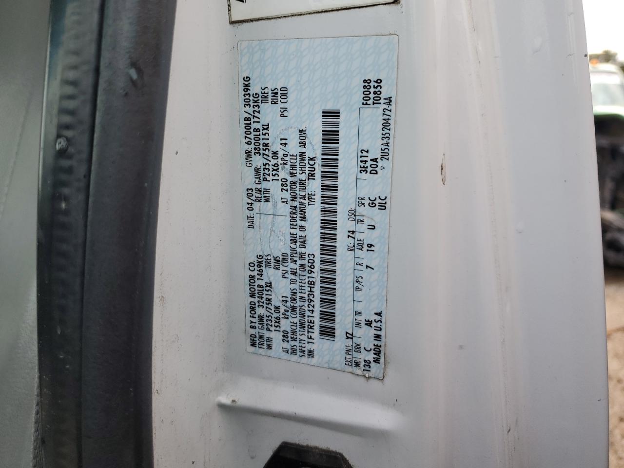 2003 Ford Econoline E150 Van VIN: 1FTRE14293HB19603 Lot: 85462885