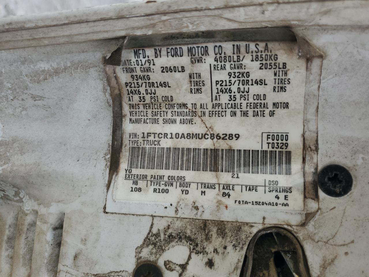 1991 Ford Ranger VIN: 1FTCR10A8MUC86289 Lot: 81935765