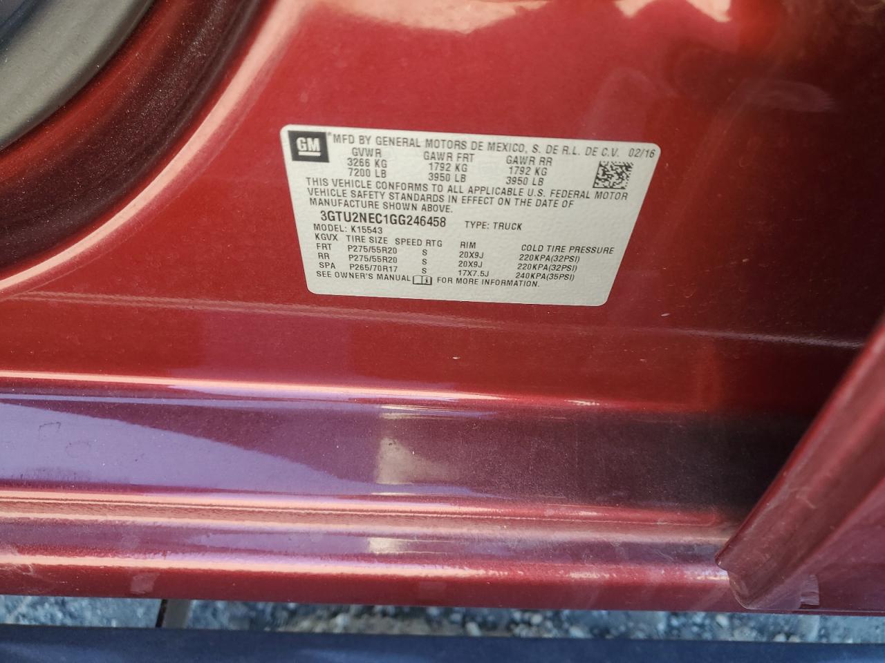 2016 GMC Sierra K1500 Slt VIN: 3GTU2NEC1GG246458 Lot: 82600765