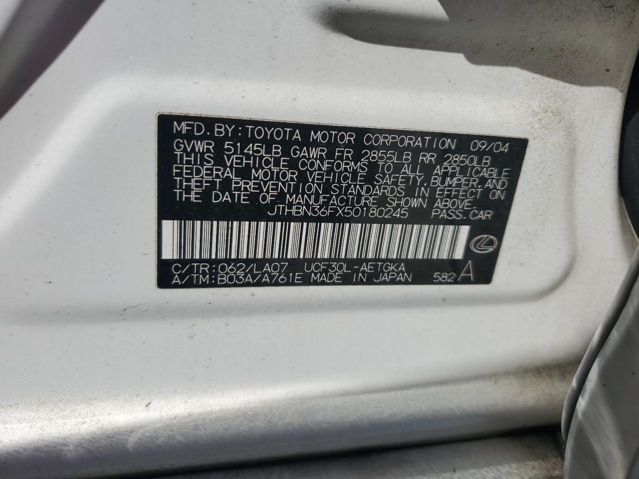 2005 Lexus Ls 430 VIN: JTHBN36FX50180245 Lot: 87436715