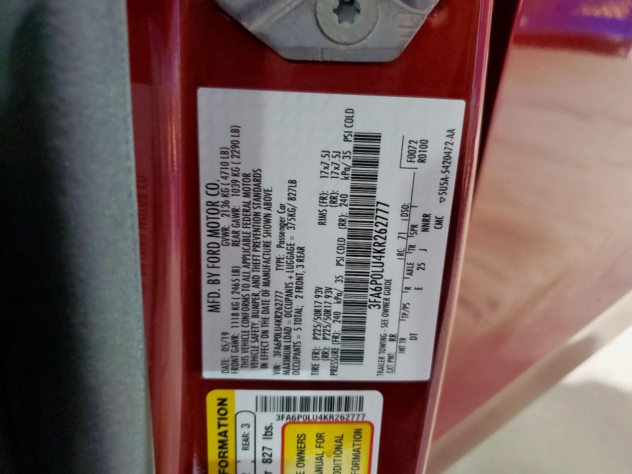 2019 Ford Fusion Se VIN: 3FA6P0LU4KR262777 Lot: 85764055