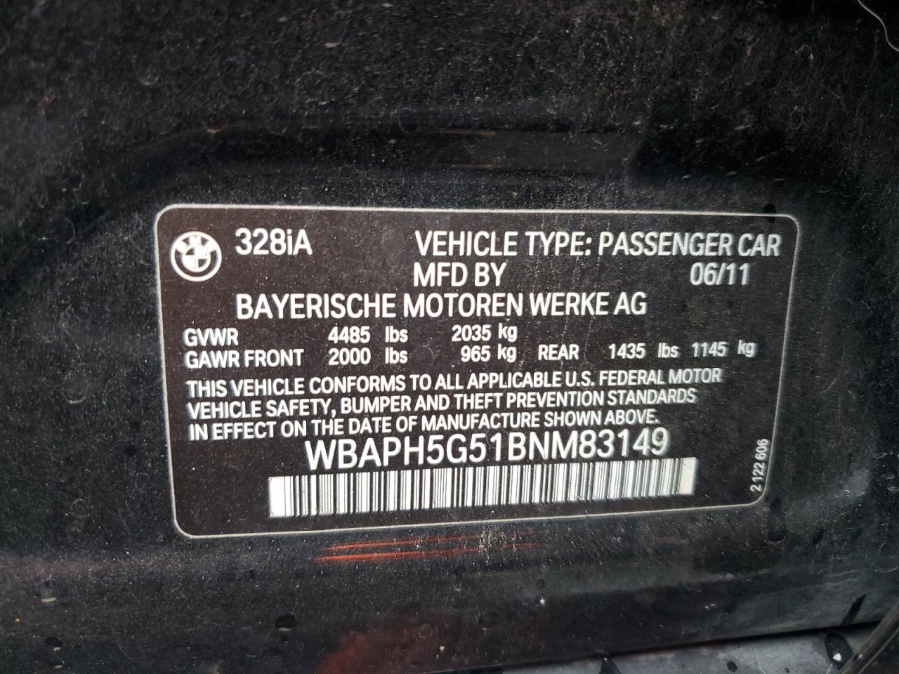 2011 BMW 328 I Sulev VIN: WBAPH5G51BNM83149 Lot: 81989115