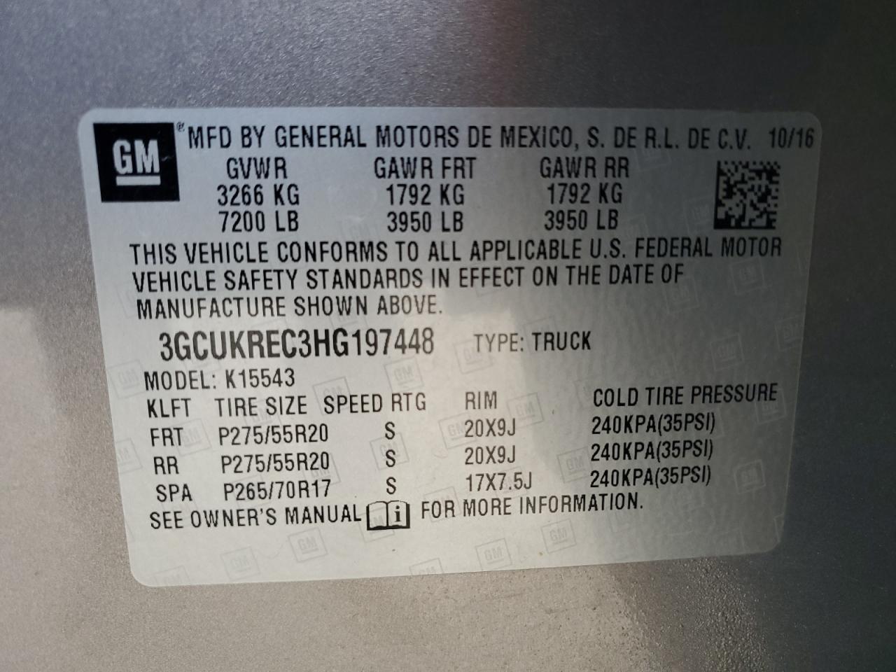 2017 Chevrolet Silverado K1500 Lt VIN: 3GCUKREC3HG197448 Lot: 84869325