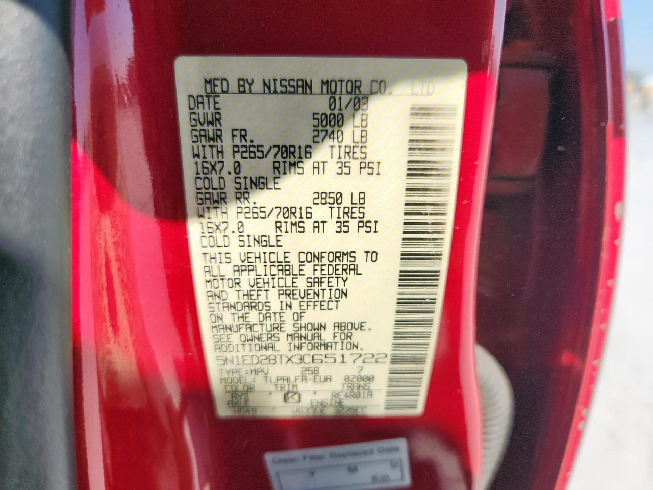 2003 Nissan Xterra Xe VIN: 5N1ED28TX3C651722 Lot: 85120855