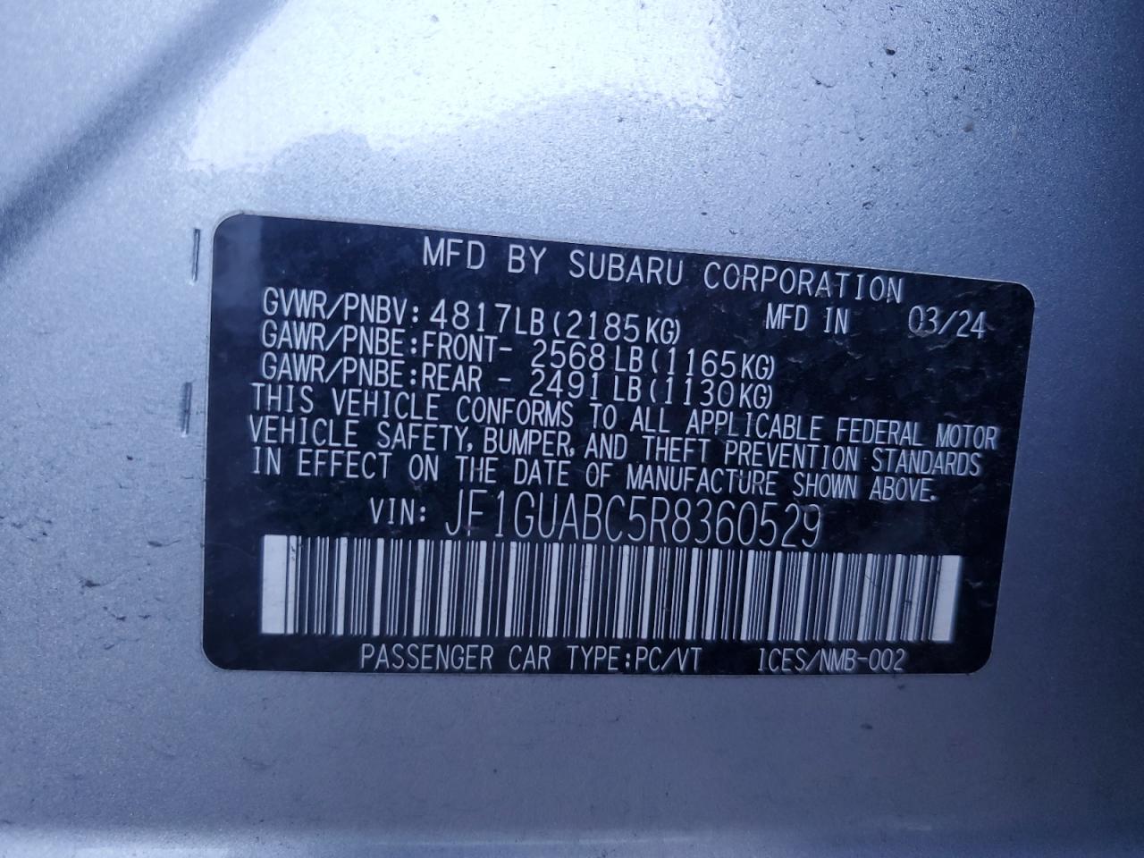 2024 Subaru Impreza VIN: JF1GUABC5R8360529 Lot: 86997925